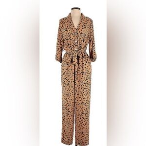Vine & Love|Boho Leopard print long sleeve jumpsuit with pockets & tie waist•••